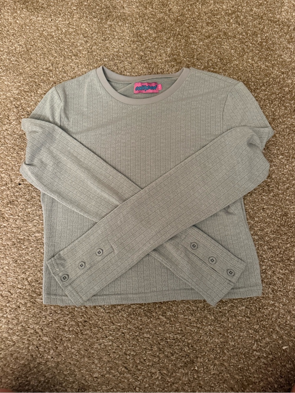 Edikted Light Gray Ribbed Long Sleeve Tee with Button Cuffs